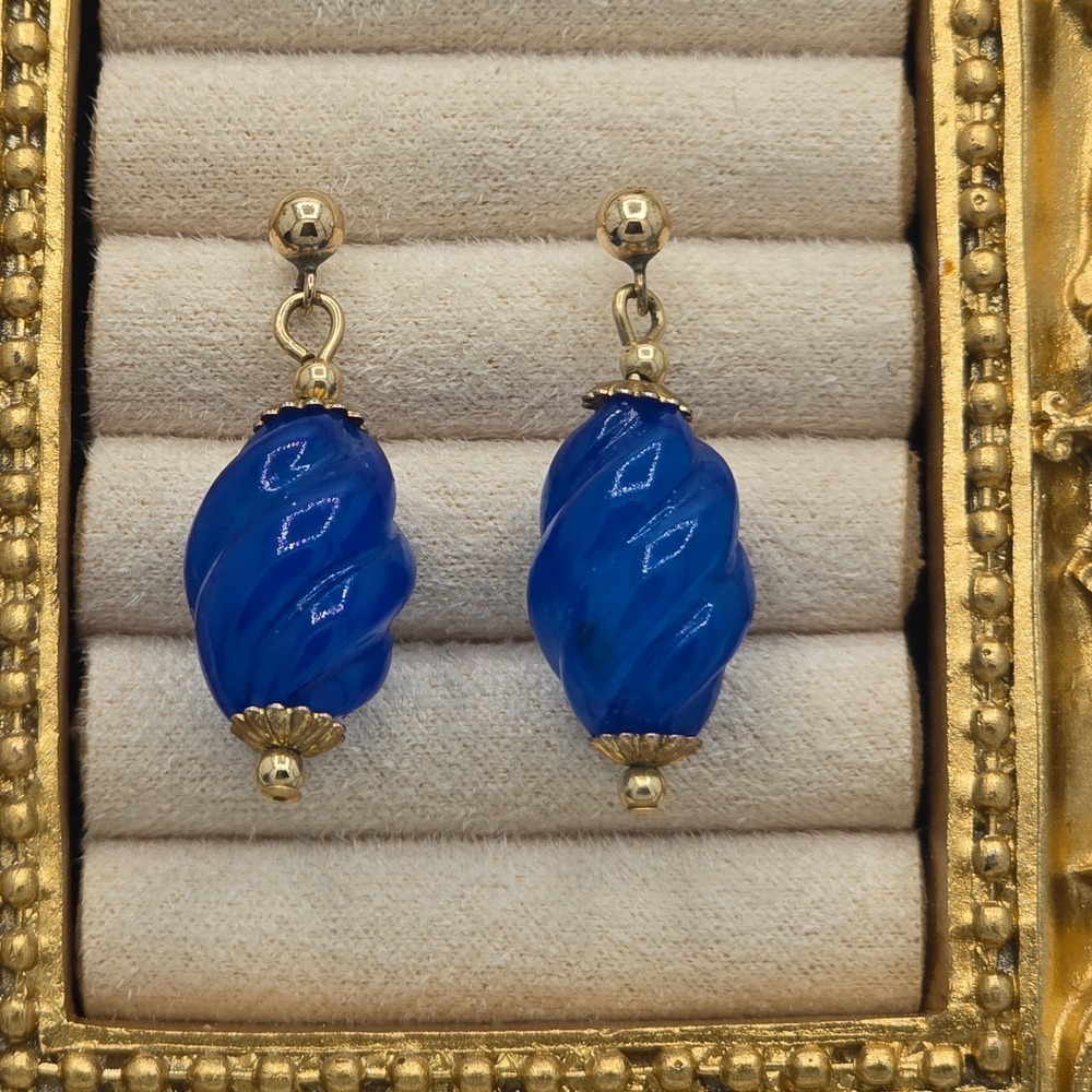 Vintage Cobalt Blue Swirl Earrings 14K GF Post Dangle Signed - Picture 4 of 8
